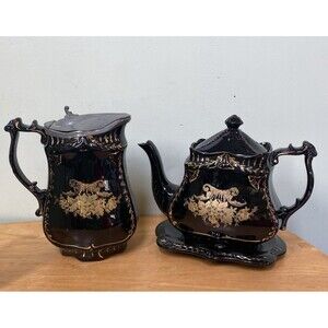 Antique SJB Pottery Ornate Teapots & Stand Tray Samuel Johnson Burslem Victorian
